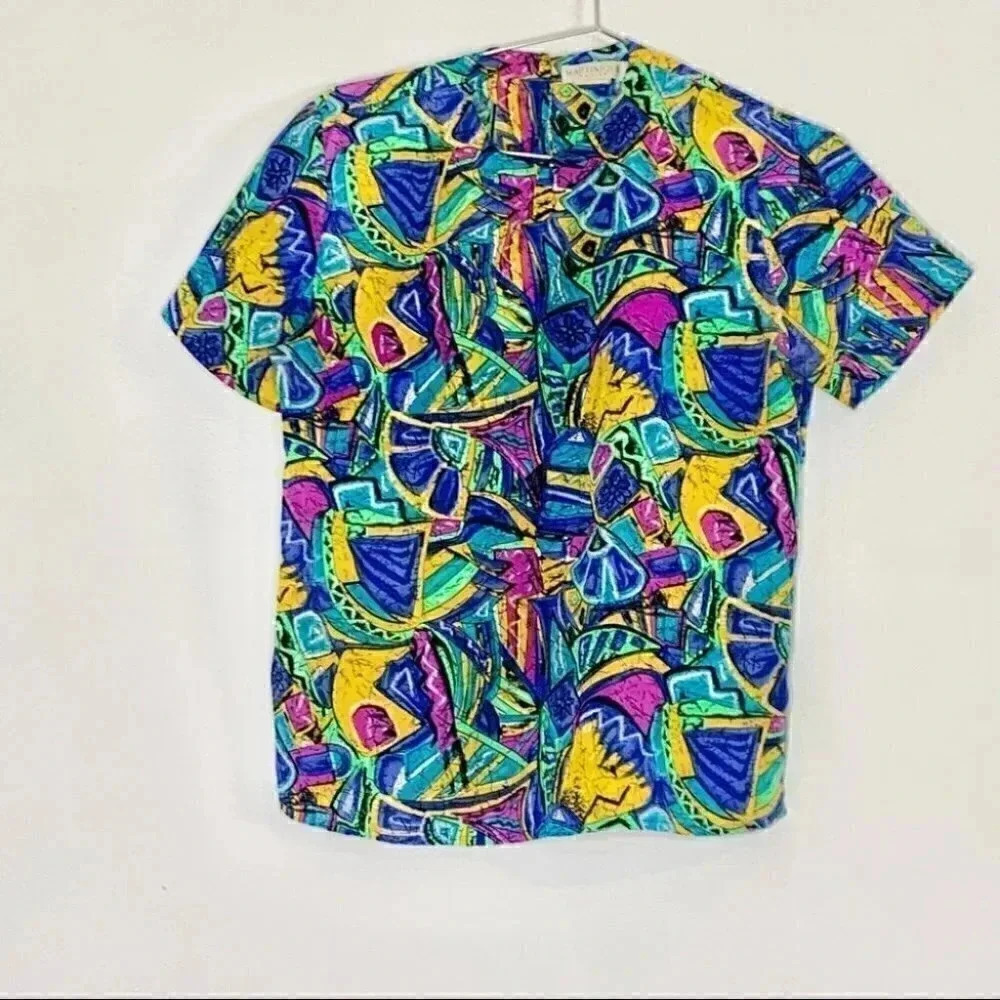 Women’s vintage  abstract geometric bright colorful shoulder pad top 80’s